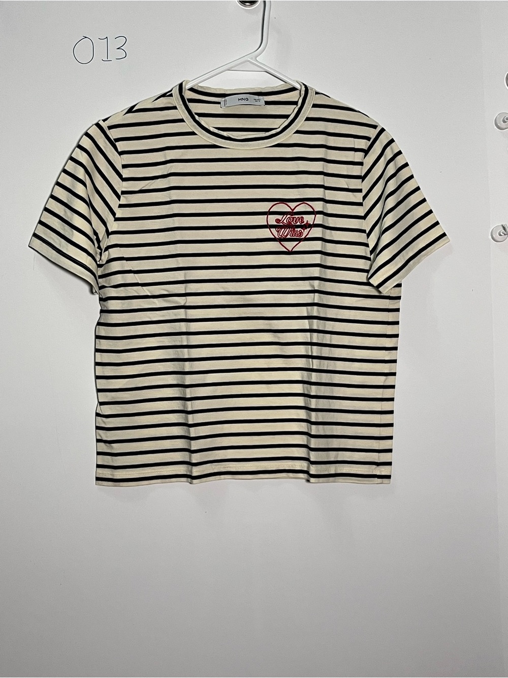 Striped Cream & Black Tee with Red Heart Embroidery - Women